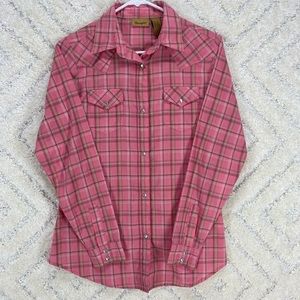 wrangler long sleeve button up womens size small plaid pink
